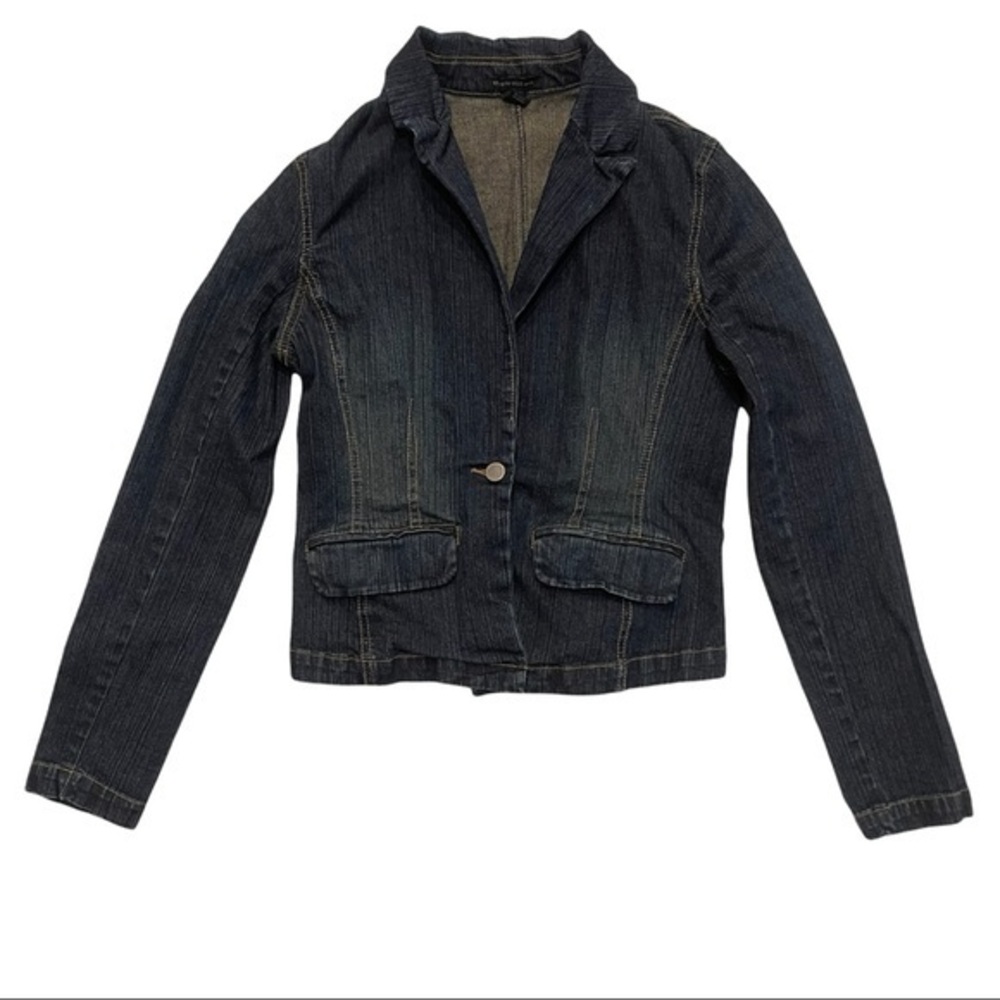 KENNETH COLE Dark Blue Single Button Stretchy Denim Jean Jacket Blazer Size 10